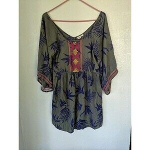 Roxy Dress Bell Sleeve Green Floral Beachy Med Boho Peasant Festival Hippie Knee